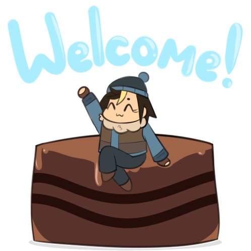 Brownie sitting on a giant brownie, waving her hand. Text says "Welcome!"